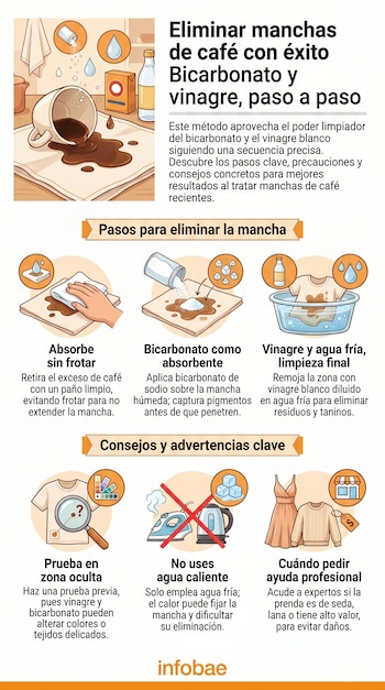 Infografía detallada muestra cómo quitar manchas de café: desde el derrame inicial, pasando por el uso de bicarbonato y vinagre, hasta consejos de precaución.
