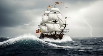 Fragata española con velas desplegadas y banderas en un mar agitado con olas grandes, bajo un cielo nublado con relámpagos.