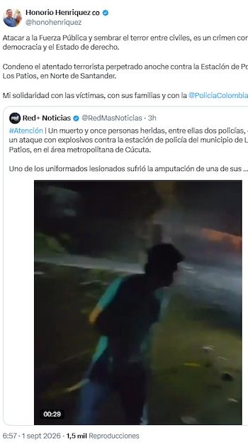 Honorio Henríquez condenó atentado contra estación de Policía de Los Patios - crédito @honohenriquez/X