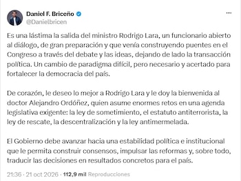 El congresista Daniel Briceño s e refirió a la salida de Rodrigo Lara del Ministerio del Interior - crédito @Danielbricen/X