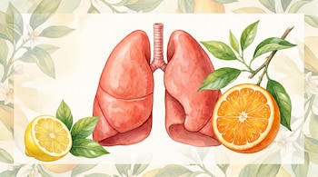 Ilustración en acuarela de dos pulmones humanos con tráquea, flanqueados por medio limón y media naranja con hojas, sobre un fondo con patrones botánicos de cítricos.