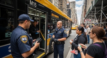 Dos oficiales de la MTA interactúan con pasajeros en una parada de autobús en Nueva York. Un oficial usa un dispositivo, un bus amarillo M15 está detrás.