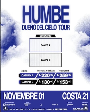 Precio de entradas para concierto de Humbe en Perú.