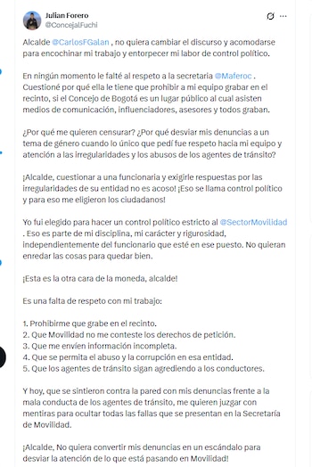 El concejal Julián Forero aseguró que no le faltó al respecto a la secretaria de Movilidad - crédito @ConcejalFuchi/X