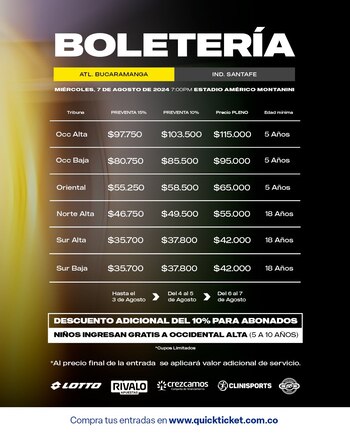 Estos son los valores que maneja el club bumangués para la boletería del partido que se llevará el 7 de agosto de 2024-crédito @ABucaramanga/X