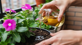 Primer plano de manos vertiendo un líquido ámbar de un frasco de vidrio sobre la tierra húmeda de una maceta con una planta de flores fucsias en un balcón.