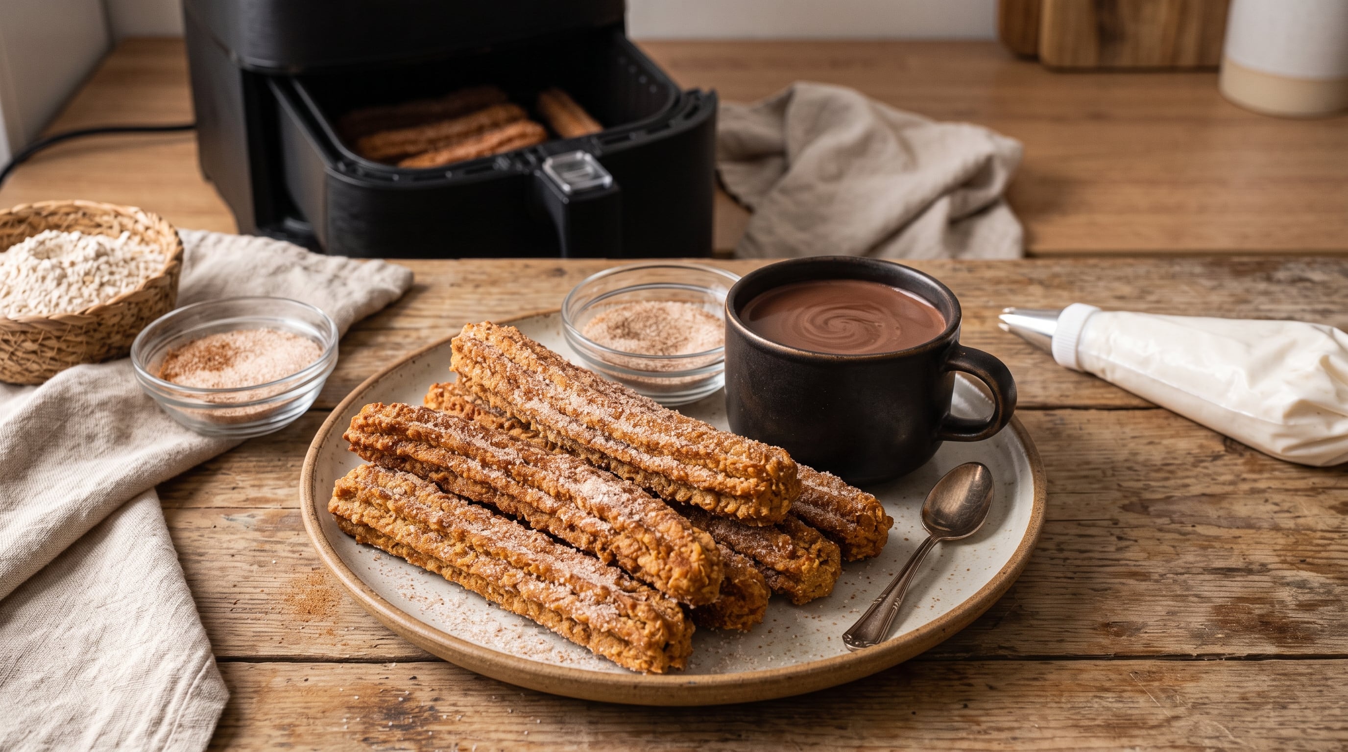 Un plato de churros de avena cocinados sin aceite se sirve junto a una taza de chocolate caliente sobre una mesa de madera. (Imagen Ilustrativa Infobae)