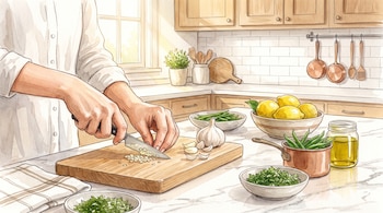 Manos de una persona cortando ajo sobre una tabla de madera con limones, verduras y un frasco de aceite en la mesada.