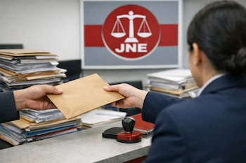 Una mano entregando un sobre marrón a otra mano en un mostrador de oficina electoral. Se observan pilas de documentos y un sello. Al fondo, un cartel con el logo del JNE.