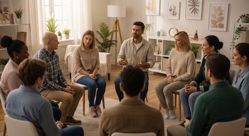 Ocho adultos en una sesión de grupo sentados en círculo en una sala luminosa. Un hombre habla en el centro, los demás escuchan atentos.