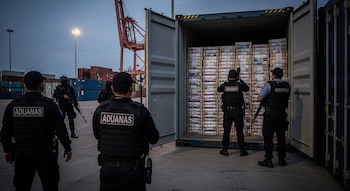 Agentes de Aduanas con chalecos negros inspeccionan un contenedor de carga abierto. Dentro se ven miles de cartones de cigarrillos. Grúas y otros contenedores en el fondo.