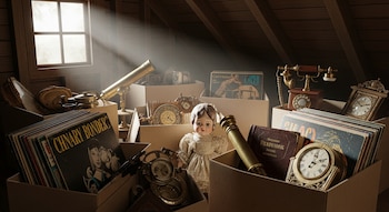 Un ático con cajas abiertas llenas de vinilos, una muñeca de porcelana, relojes, un telescopio dorado y un teléfono antiguo de baquelita, iluminado por un rayo de sol.