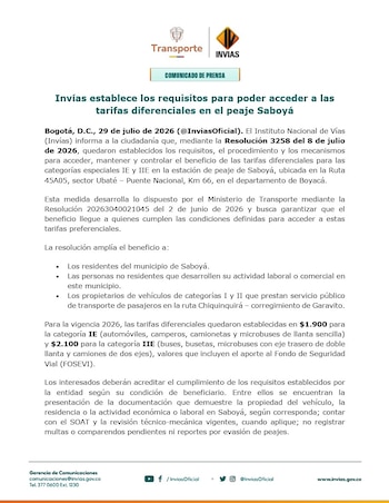 Los residentes de Saboyá que pidan la tarifa diferencial en el peaje deben presentar cédula, licencia de tránsito y certificado de residencia expedido por la alcaldía - crédito Invías