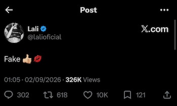 Captura de pantalla de una publicación en la red social X de la cuenta de Lali con la palabra Fake y dos emoticonos