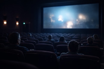 Vista trasera de una sala de cine oscura con butacas rojas y pocos espectadores sentados, mirando una pantalla grande con imagen borrosa y luminosa.
