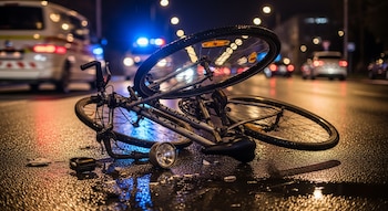 Primer plano de una bicicleta gris volcada y dañada en una calle mojada por la noche, con luces brillantes reflejadas en el asfalto. Al fondo, luces de vehículos de emergencia.