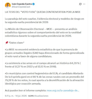 Iván Cepeda utilizó los resultados del análisis de la MOE para defender la legitimidad del voto obtenido en regiones rurales del país - crédito @IvanCepedaCast/X