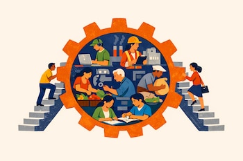 Engranaje naranja con diez personas trabajando y estudiando en su interior; dos personas más suben escaleras a cada lado del engranaje.