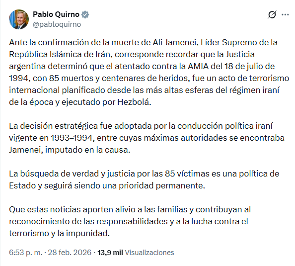 Pablo Quirno se refirió a la muerte de Ali Jamenei