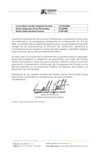 Centro Democrático inicia evaluación de candidatos para postulación a magistrado electoral - crédito Prensa Centro Democrático