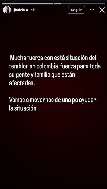 J Balvin envía mensaje de aliento a los afectados por el sismo en Colombia - crédito jbalvin/Instagram