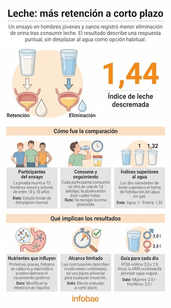 Infografía con ilustraciones de vasos de leche y agua, órganos del sistema urinario, siluetas de personas y recuadros explicativos con cifras.