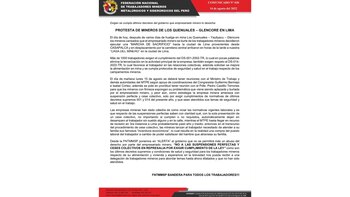 Comunicado de la Federación Nacional de Trabajadores Mineros, Metalúrgicos y Siderúrgicos del Perú.