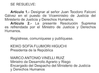 Resolución que designa a Juan Falconi como viceministro del Minjus