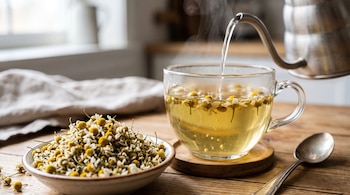 Una tetera sirve agua caliente en una taza de vidrio con manzanilla, al lado de un plato con flores secas de manzanilla y una cuchara.