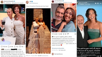 Collage de cuatro capturas de pantalla de publicaciones en redes sociales con Ernestina Pais y otras personas sonriendo.
