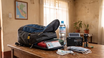 Una mochila abierta sobre una mesa junto a una botella de agua, una radio, una linterna, pilas, mascarillas, dinero y un botiquín.