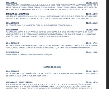 Cortes de luz en Lima y Callao: zonas y horarios afectados del 16 al 19 de abril