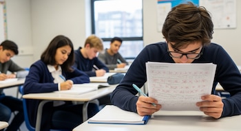 Un estudiante con gafas revisa una hoja de examen llena de correcciones rojas en un aula con otros alumnos.