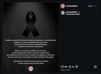 Captura de pantalla de una publicación de Instagram con un listón negro de luto y texto que anuncia suspensiones de partidos