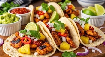 Primer plano de tacos de pollo al pastor con piña, cebolla, cilantro, chile y lima sobre tabla de madera. Guacamole y salsa en el fondo.