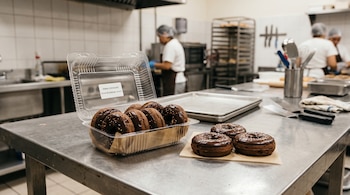 Donas de chocolate con chispas de colores en un envase plástico sobre una mesa metálica de cocina.