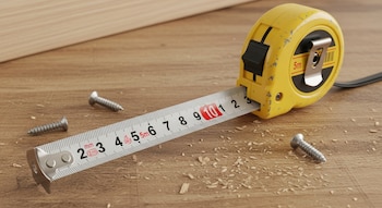 Una cinta métrica amarilla y plateada con la cinta extendida sobre una superficie de madera, acompañada de tres tornillos metálicos y virutas de madera.