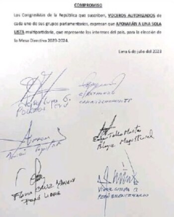 Documento firmado por los voceros
