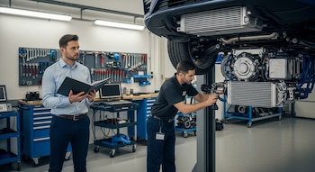 Un mecánico trabaja bajo un coche elevado en un taller. Un hombre con camisa clara sostiene un manual y observa. Herramientas y equipos en segundo plano.