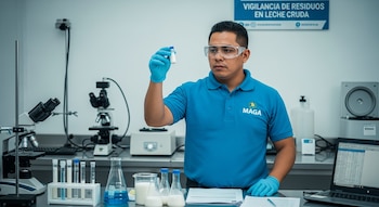 Hombre con guantes y gafas en laboratorio examina un vial. En el fondo, microscopios, tubos de ensayo, matraces y un letrero de vigilancia de leche.