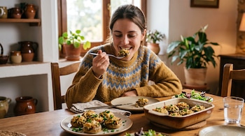 Una mujer sentada a una mesa de madera come un champiñón relleno con tenedor junto a varias fuentes de comida y un vaso de agua.