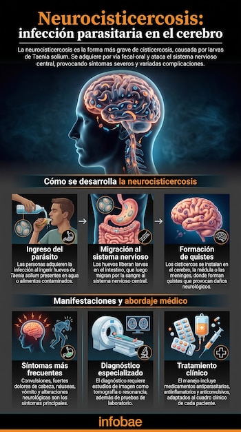 Infografía sobre la neurocisticercosis con esquemas de un cerebro humano, el sistema digestivo, un equipo de tomografía y medicamentos.