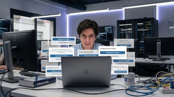 Un hombre joven está sentado frente a una laptop con múltiples ventanas emergentes de cookies y privacidad cubriendo la pantalla, en un entorno de oficina con equipo tecnológico.