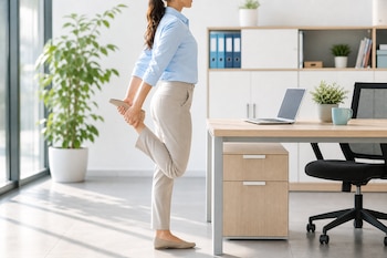 Una mujer viste blusa azul y pantalón claro mientras sujeta su pie para estirar la pierna junto a un escritorio con una computadora portátil.