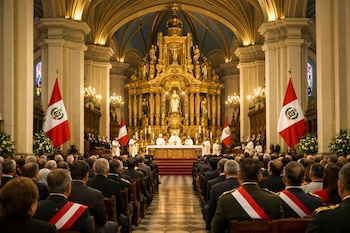 Interior de una catedral con altar mayor dorado, sacerdotes, bancas ocupadas por personas, dos banderas peruanas, columnas, techo abovedado y vitrales.