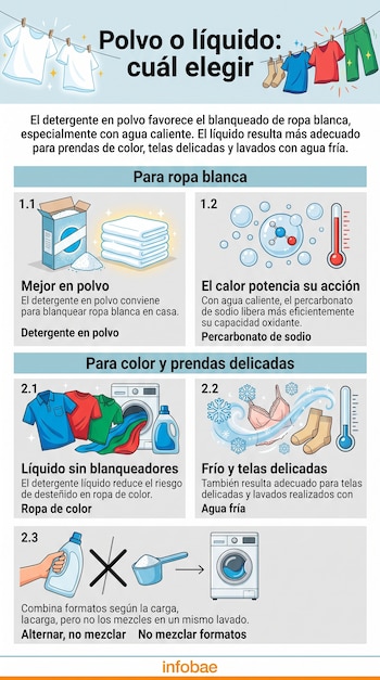 Infografía con ilustraciones de ropa colgada, cajas de detergente, lavadora, termómetros y texto explicativo sobre lavados.