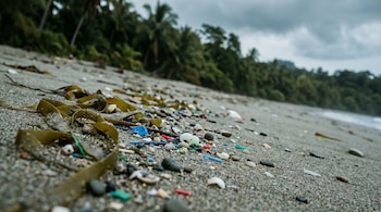 Primer plano de microplásticos de colores, algas y conchas mezclados en la arena húmeda de una playa. Al fondo, vegetación tropical y cielo nublado.
