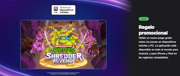 Logotipo de Epic Games Store, título del juego Teenage Mutant Ninja Turtles: Shredder's Revenge, y texto sobre un regalo promocional gratuito para móviles y PC