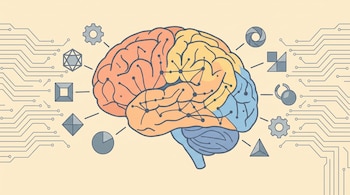 Ilustración de un cerebro en tonos pastel con divisiones, puntos y líneas; rodeado de circuitos, engranajes, gráfico circular y figuras geométricas.