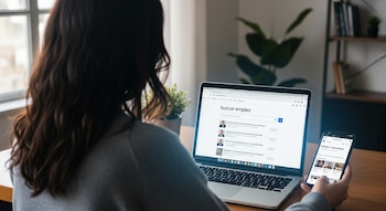 Vista trasera de una mujer con cabello castaño sentada en un escritorio de madera, usando una laptop que muestra "buscar empleo" y un smartphone.